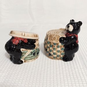 Vintage Bear in Basket Salt N Pepper Shaker Set Cabin Rustic Humor